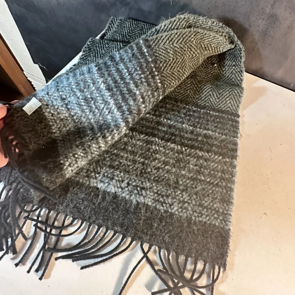 Balenciaga Scarf Unisex Black Gray Tweed Black BLue Gray Herringbone Chevron